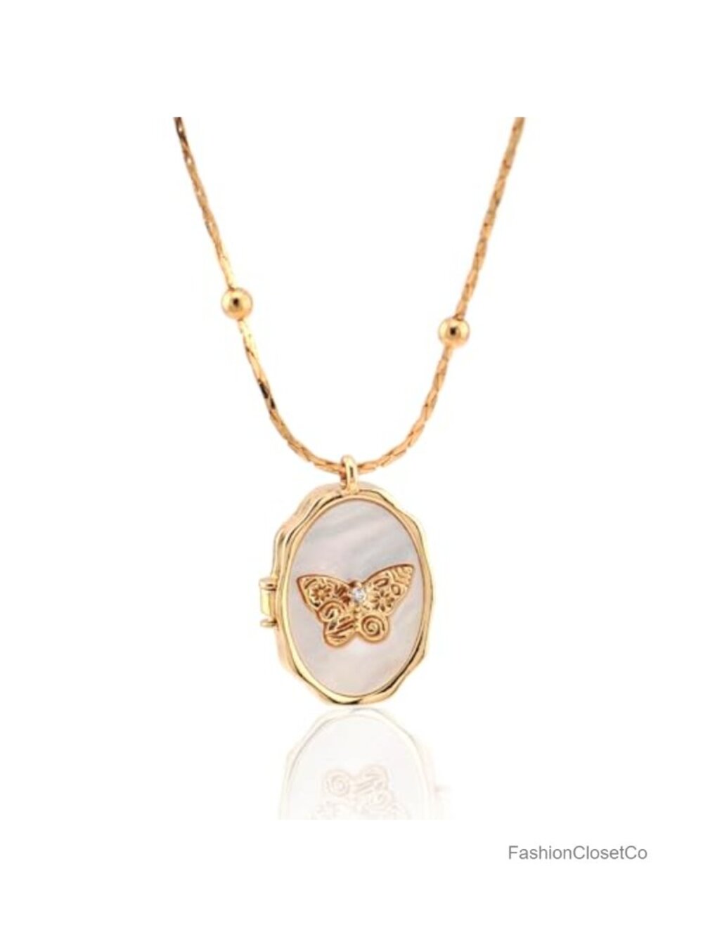 14k Gold Plated Butterfly Shell Locket Necklace, Photo Dainty Charm